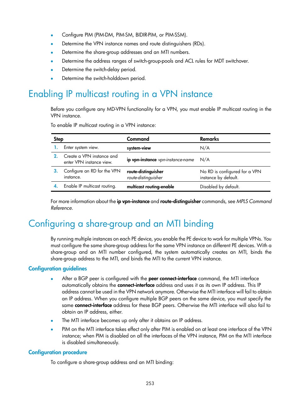 Enabling ip multicast routing in a vpn instance, Configuring a share-group and an mti binding, Configuration guidelines | Configuration procedure | H3C Technologies H3C S12500 Series Switches User Manual | Page 269 / 468