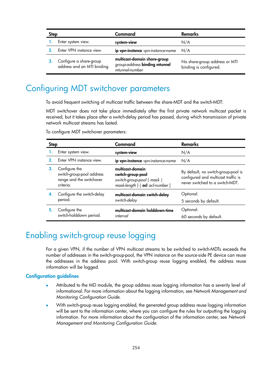 Configuring mdt switchover parameters, Enabling switch-group reuse logging, Configuration guidelines | H3C Technologies H3C S12500 Series Switches User Manual | Page 270 / 468