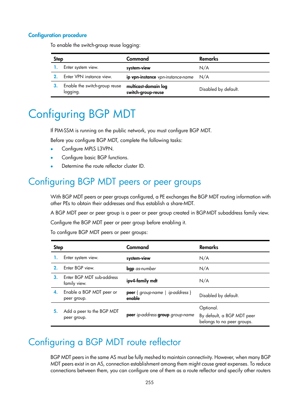 Configuration procedure, Configuring bgp mdt, Configuring bgp mdt peers or peer groups | Configuring a bgp mdt route reflector | H3C Technologies H3C S12500 Series Switches User Manual | Page 271 / 468