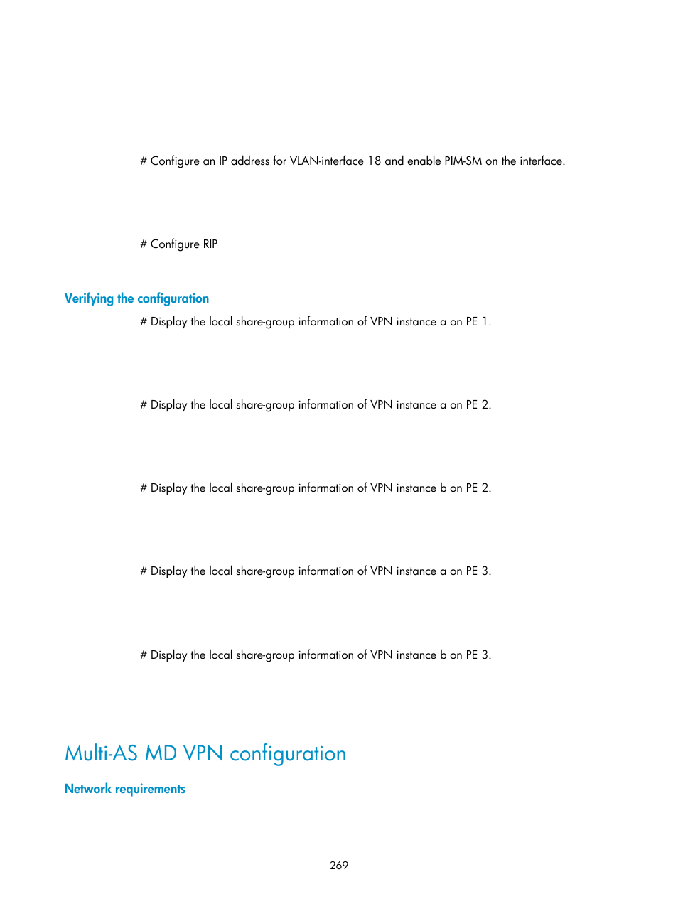 Verifying the configuration, Multi-as md vpn configuration, Network requirements | H3C Technologies H3C S12500 Series Switches User Manual | Page 285 / 468