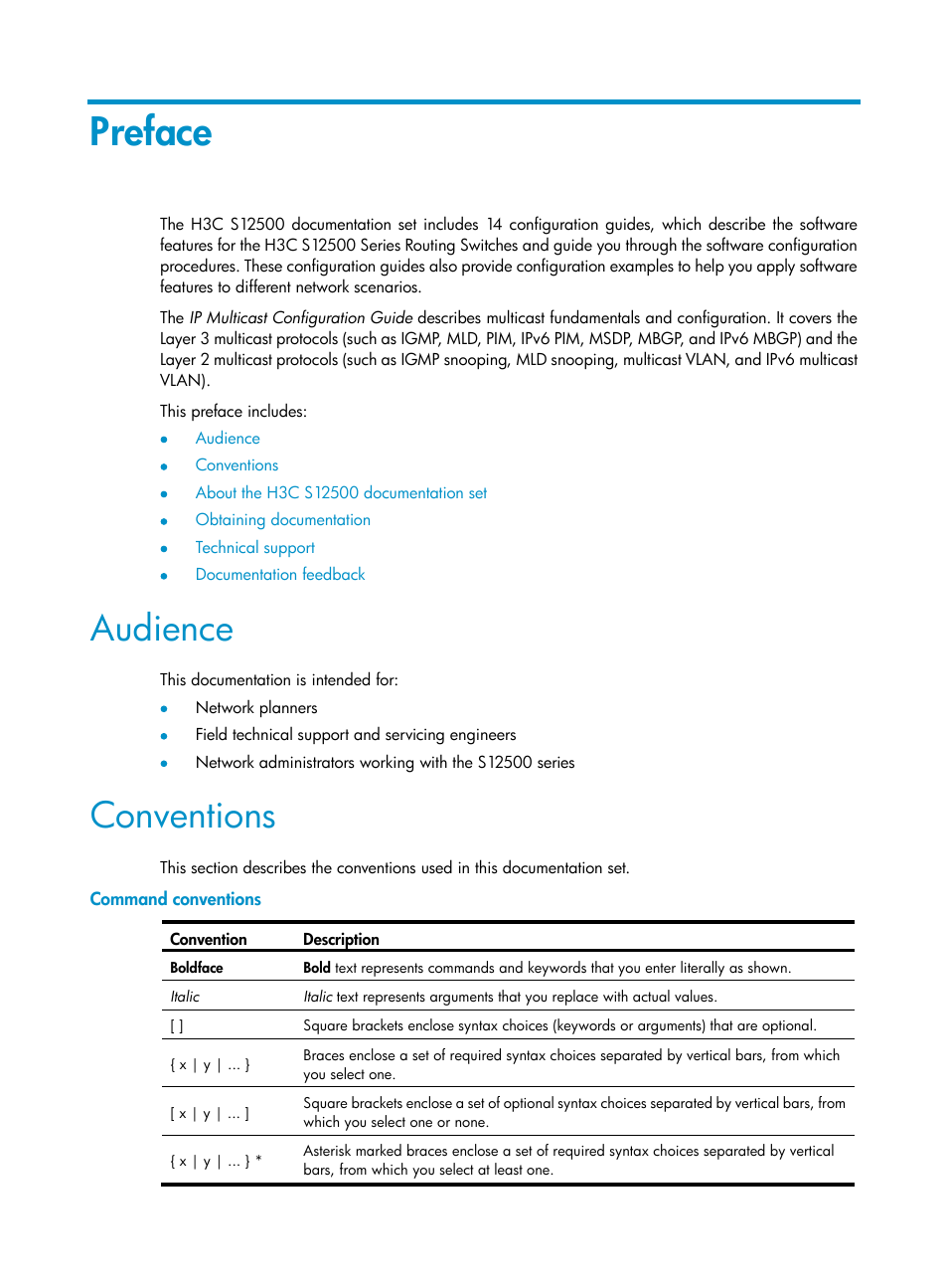 Preface, Audience, Conventions | Command conventions | H3C Technologies H3C S12500 Series Switches User Manual | Page 3 / 468