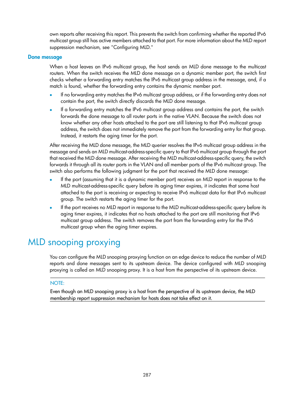 Done message, Mld snooping proxying | H3C Technologies H3C S12500 Series Switches User Manual | Page 303 / 468