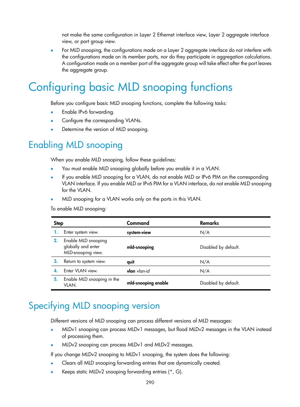 Configuring basic mld snooping functions, Enabling mld snooping, Specifying mld snooping version | H3C Technologies H3C S12500 Series Switches User Manual | Page 306 / 468