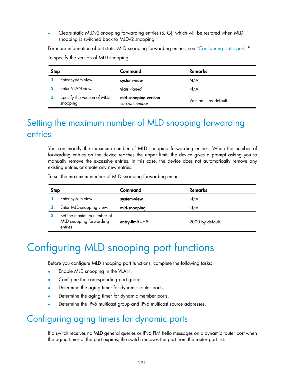 Configuring mld snooping port functions, Configuring aging timers for dynamic ports | H3C Technologies H3C S12500 Series Switches User Manual | Page 307 / 468