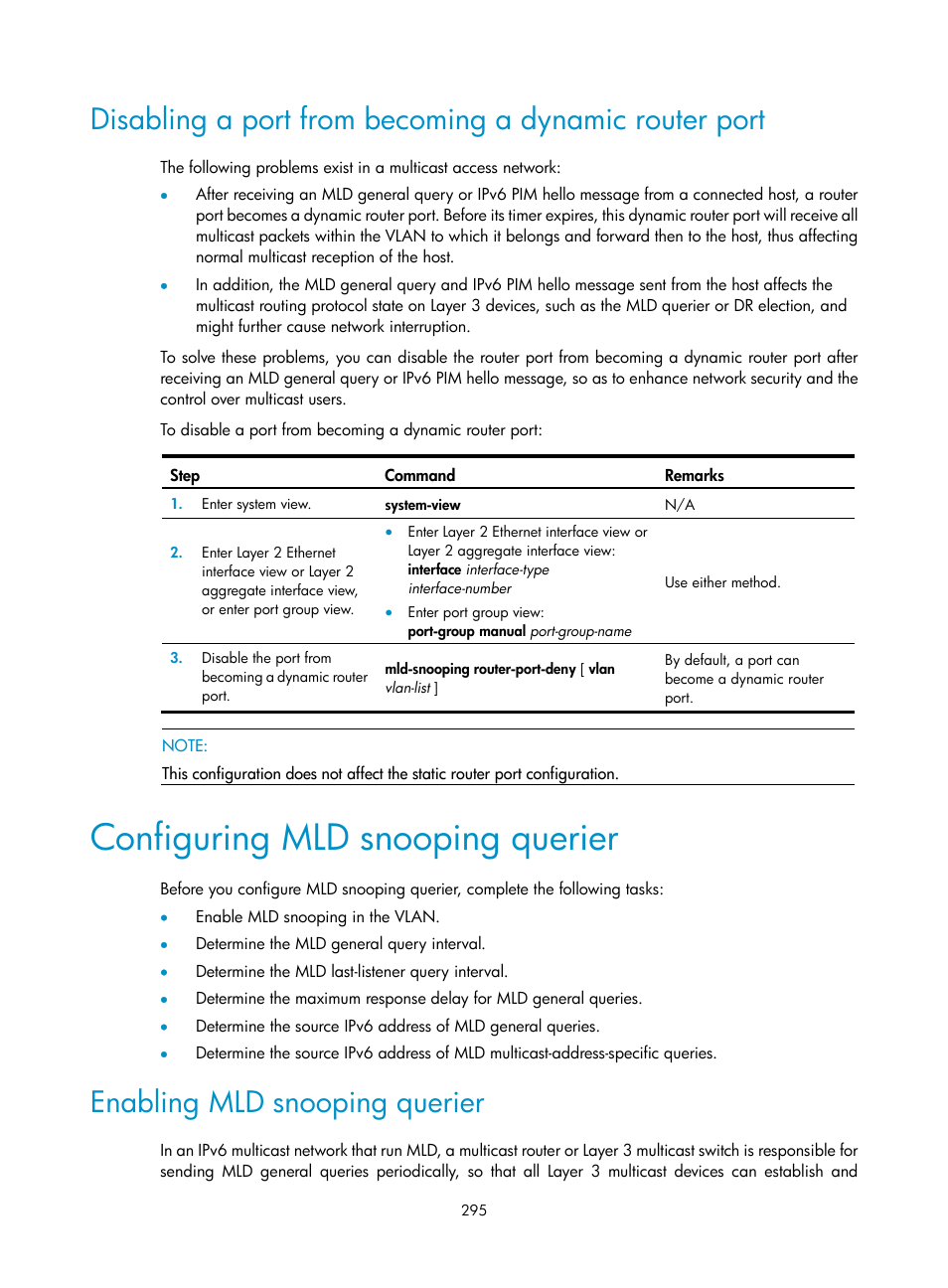 Configuring mld snooping querier, Enabling mld snooping querier | H3C Technologies H3C S12500 Series Switches User Manual | Page 311 / 468