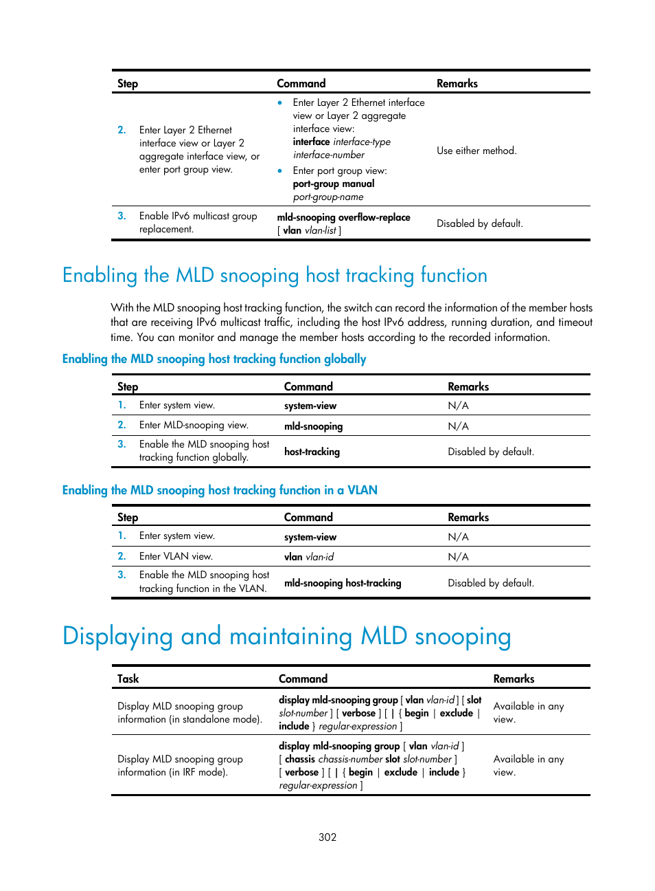 Enabling the mld snooping host tracking function, Displaying and maintaining mld snooping | H3C Technologies H3C S12500 Series Switches User Manual | Page 318 / 468