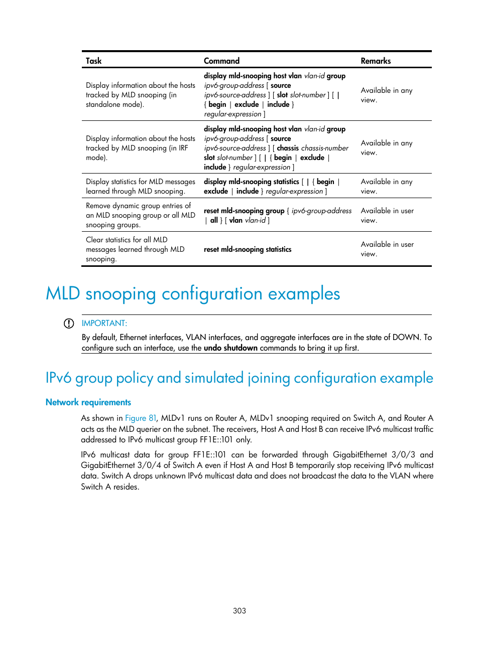 Mld snooping configuration examples, Network requirements | H3C Technologies H3C S12500 Series Switches User Manual | Page 319 / 468