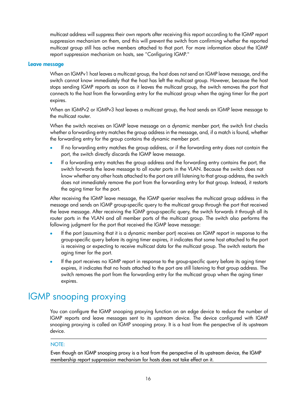 Leave message, Igmp snooping proxying | H3C Technologies H3C S12500 Series Switches User Manual | Page 32 / 468