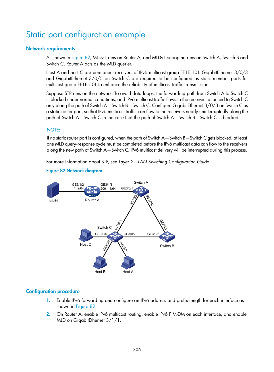 Static port configuration example, Network requirements, Configuration procedure | H3C Technologies H3C S12500 Series Switches User Manual | Page 322 / 468