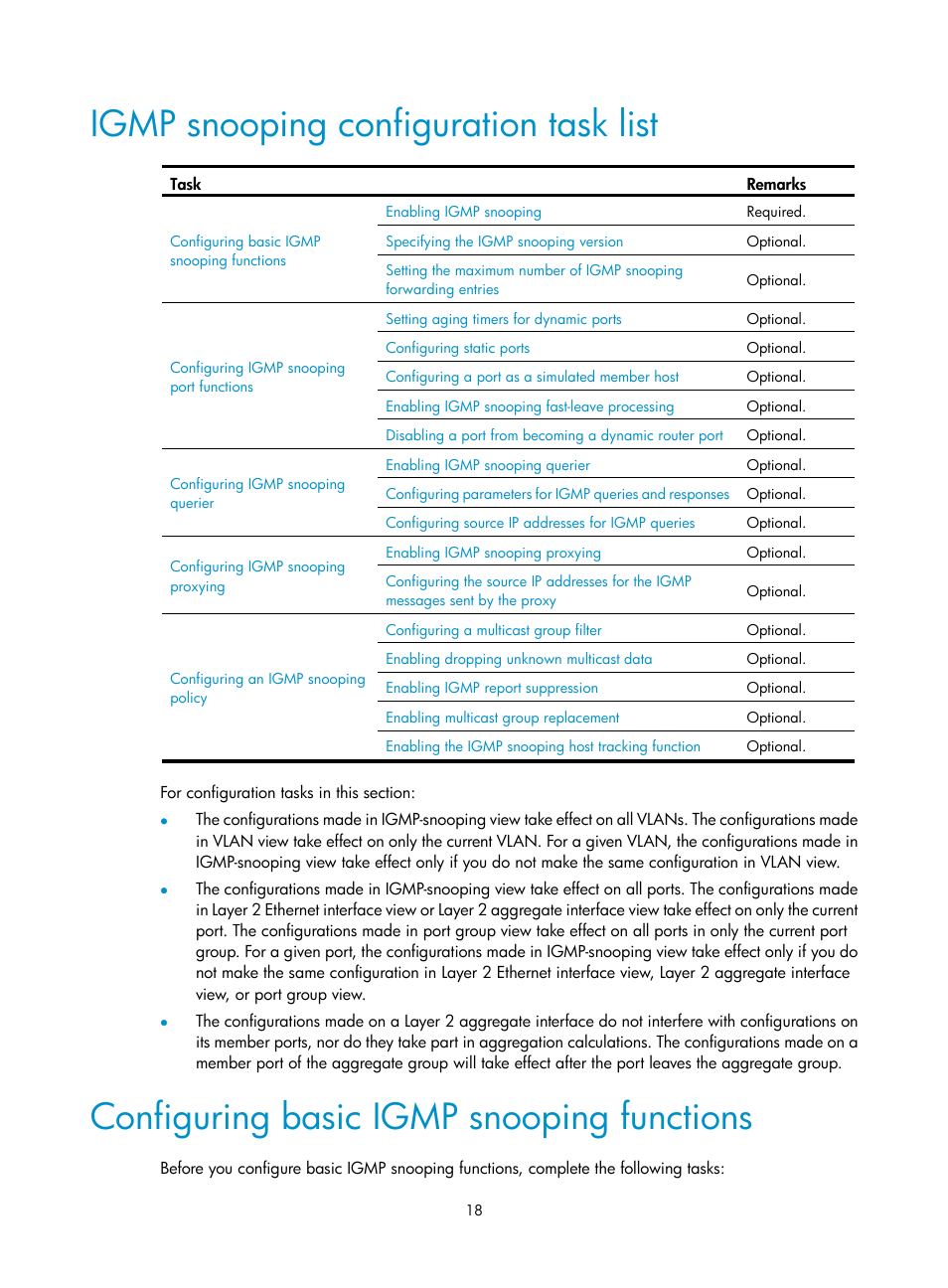 Igmp snooping configuration task list, Configuring basic igmp snooping functions | H3C Technologies H3C S12500 Series Switches User Manual | Page 34 / 468