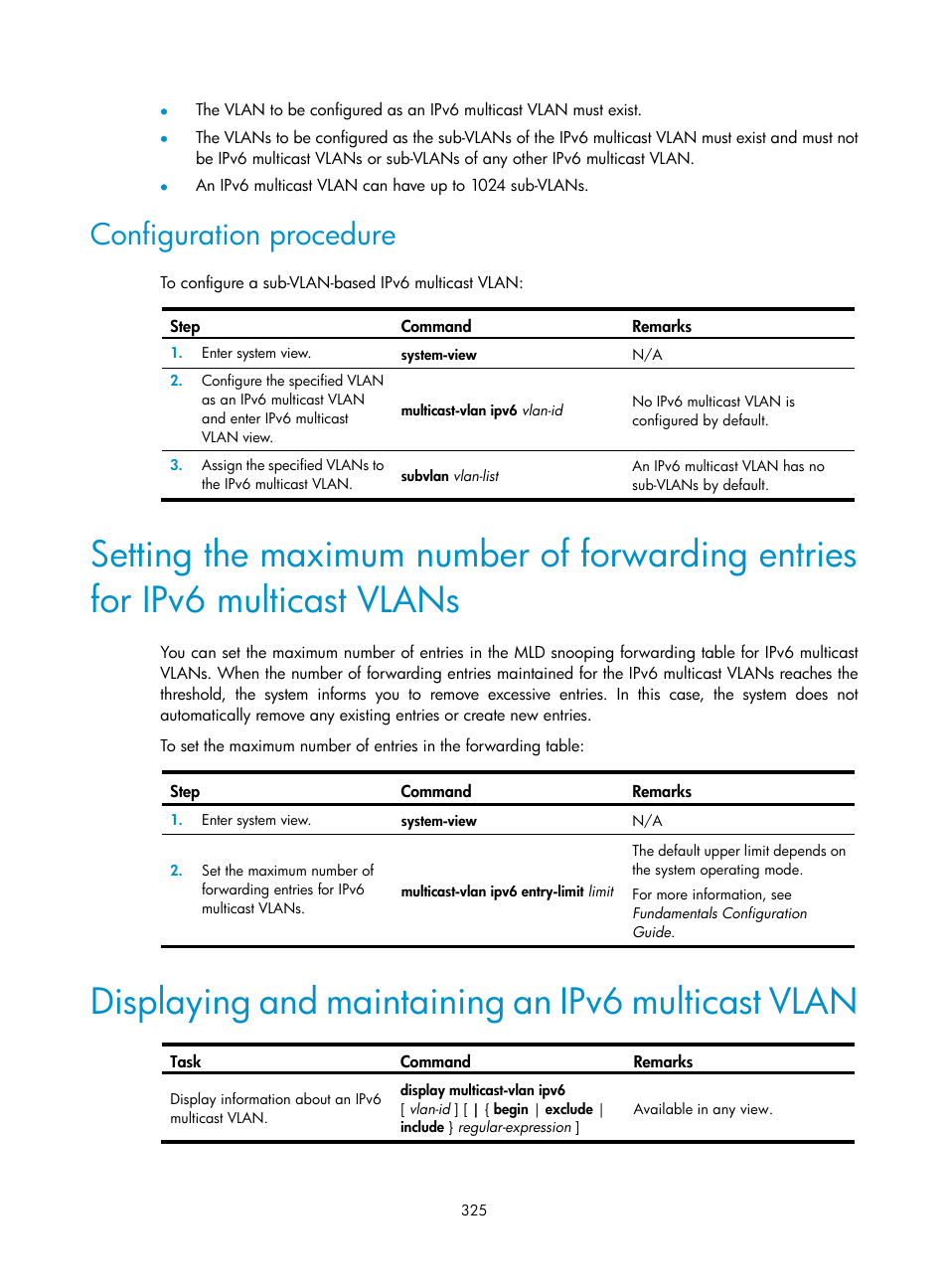 Configuration procedure, Displaying and maintaining an ipv6 multicast vlan | H3C Technologies H3C S12500 Series Switches User Manual | Page 341 / 468