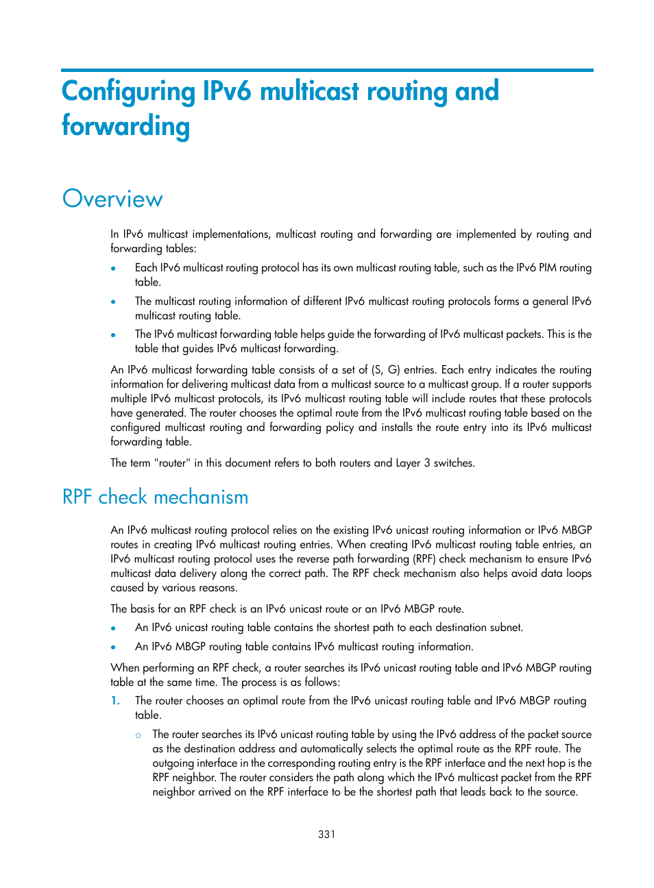 Configuring ipv6 multicast routing and forwarding, Overview, Rpf check mechanism | H3C Technologies H3C S12500 Series Switches User Manual | Page 347 / 468