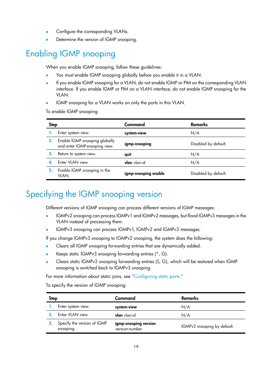 Enabling igmp snooping, Specifying the igmp snooping version | H3C Technologies H3C S12500 Series Switches User Manual | Page 35 / 468