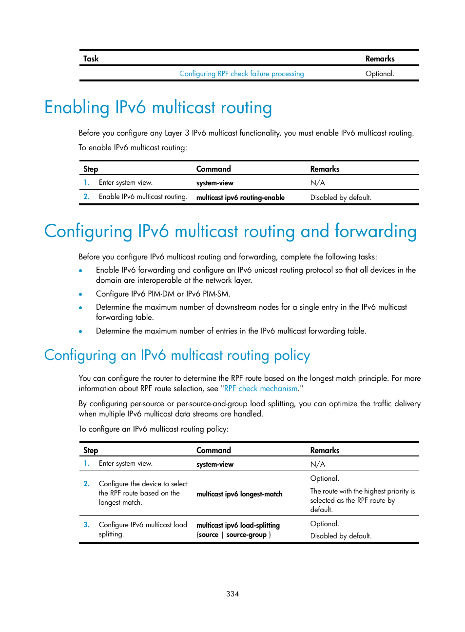 Enabling ipv6 multicast routing, Configuring ipv6 multicast routing and forwarding, Configuring an ipv6 multicast routing policy | H3C Technologies H3C S12500 Series Switches User Manual | Page 350 / 468