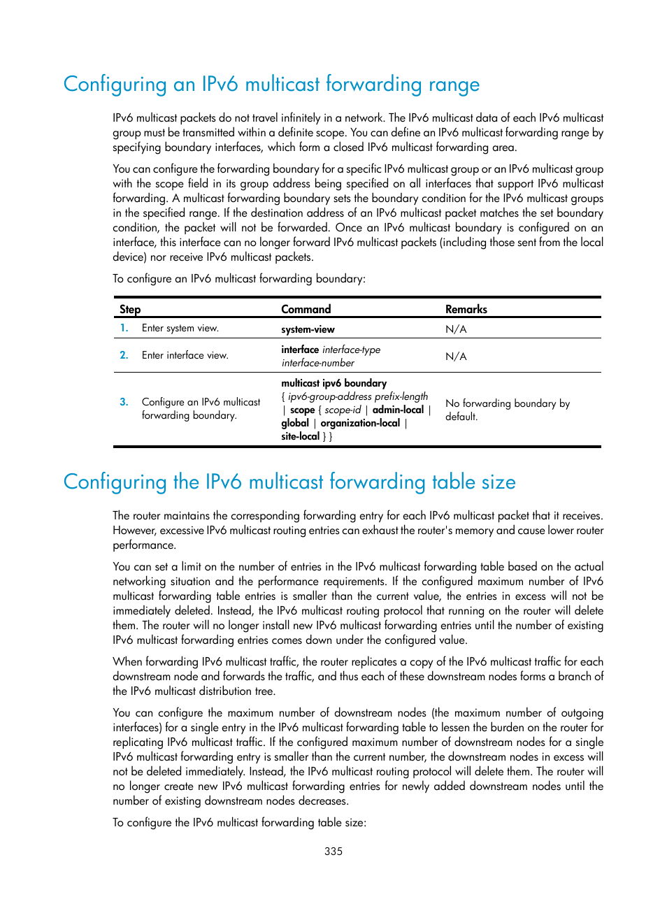 Configuring an ipv6 multicast forwarding range | H3C Technologies H3C S12500 Series Switches User Manual | Page 351 / 468