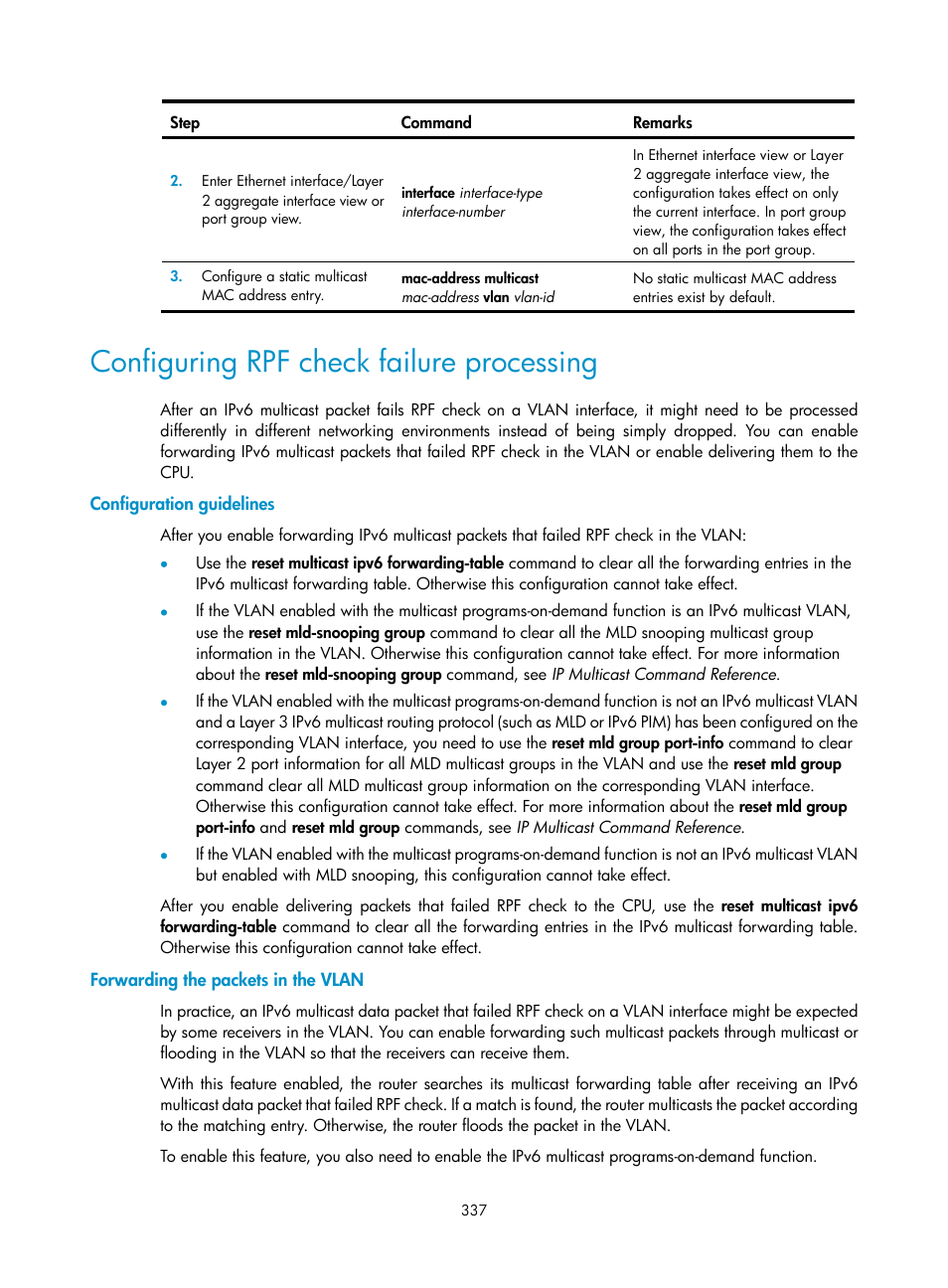 Configuring rpf check failure processing, Configuration guidelines, Forwarding the packets in the vlan | Configuring rpf check failure, Processing | H3C Technologies H3C S12500 Series Switches User Manual | Page 353 / 468