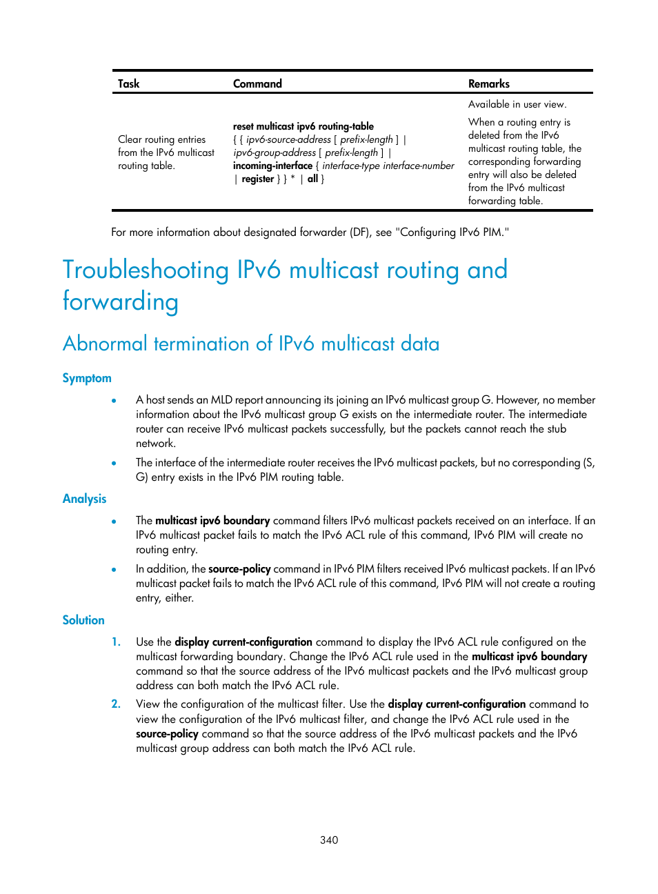 Abnormal termination of ipv6 multicast data, Symptom, Analysis | Solution | H3C Technologies H3C S12500 Series Switches User Manual | Page 356 / 468