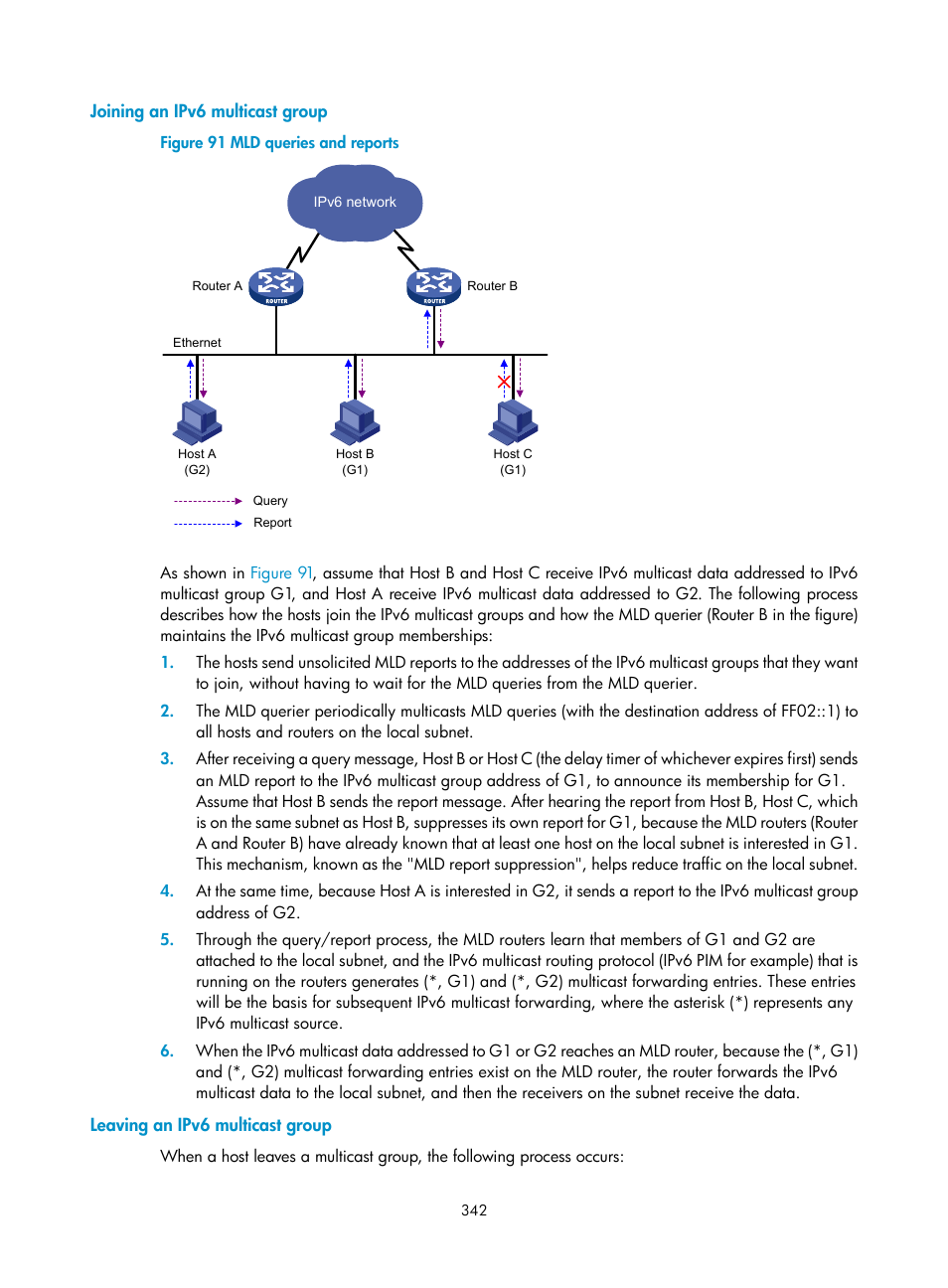 Joining an ipv6 multicast group, Leaving an ipv6 multicast group | H3C Technologies H3C S12500 Series Switches User Manual | Page 358 / 468