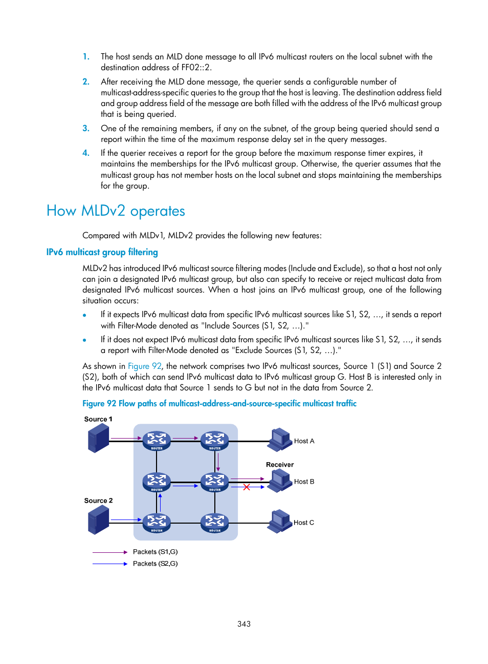 How mldv2 operates, Ipv6 multicast group filtering | H3C Technologies H3C S12500 Series Switches User Manual | Page 359 / 468