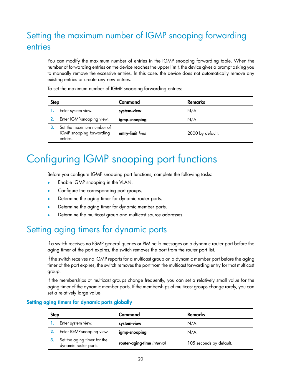 Configuring igmp snooping port functions, Setting aging timers for dynamic ports, Setting aging timers for dynamic ports globally | H3C Technologies H3C S12500 Series Switches User Manual | Page 36 / 468