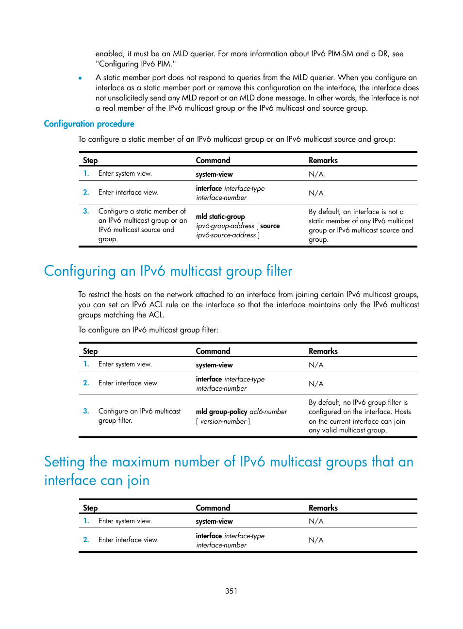 Configuration procedure, Configuring an ipv6 multicast group filter | H3C Technologies H3C S12500 Series Switches User Manual | Page 367 / 468