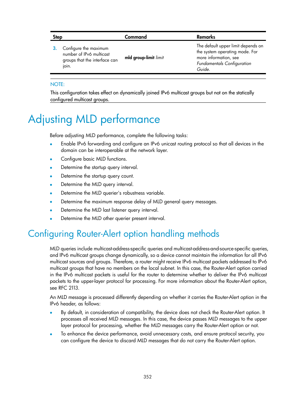 Adjusting mld performance, Configuring router-alert option handling methods | H3C Technologies H3C S12500 Series Switches User Manual | Page 368 / 468