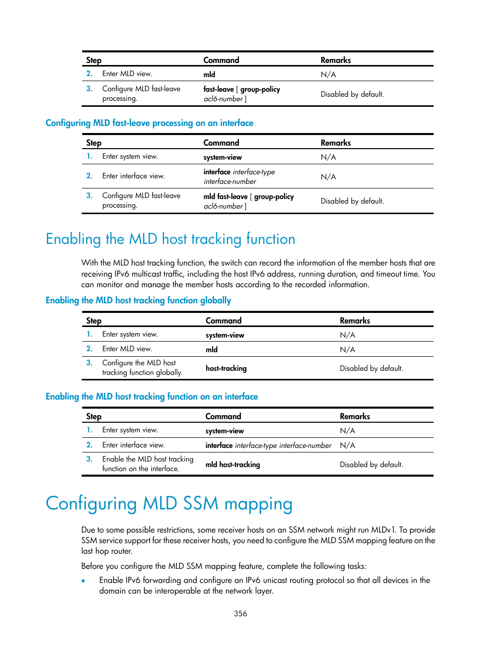 Enabling the mld host tracking function, Enabling the mld host tracking function globally, Configuring mld ssm mapping | H3C Technologies H3C S12500 Series Switches User Manual | Page 372 / 468