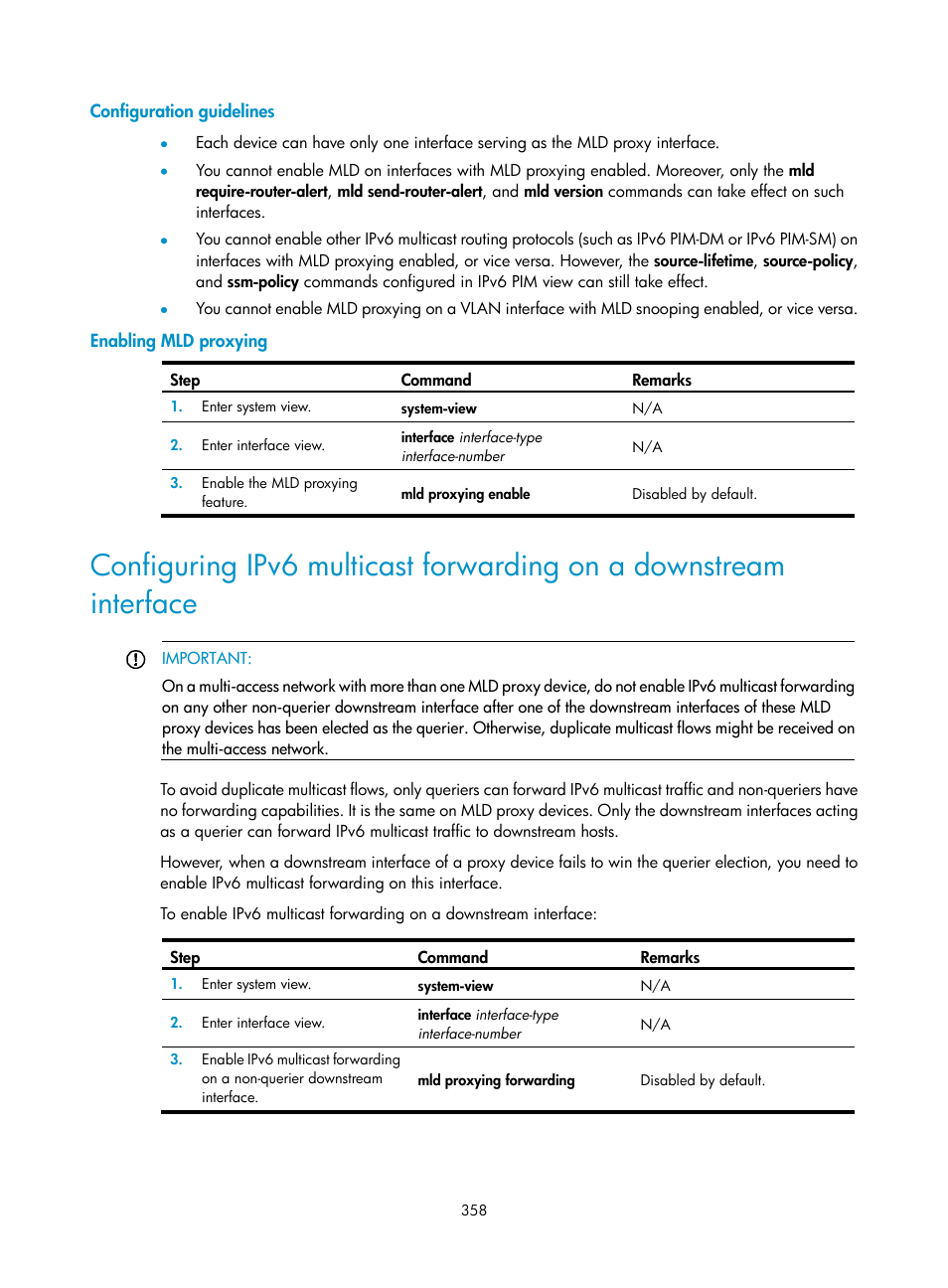 Configuration guidelines, Enabling mld proxying | H3C Technologies H3C S12500 Series Switches User Manual | Page 374 / 468