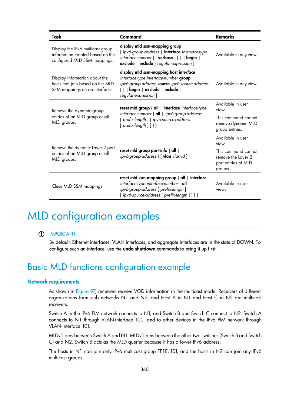 Mld configuration examples, Basic mld functions configuration example, Network requirements | H3C Technologies H3C S12500 Series Switches User Manual | Page 376 / 468