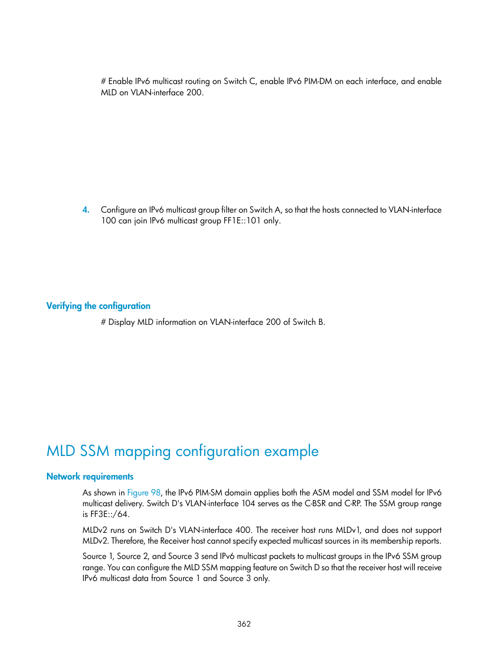 Verifying the configuration, Mld ssm mapping configuration example, Network requirements | H3C Technologies H3C S12500 Series Switches User Manual | Page 378 / 468