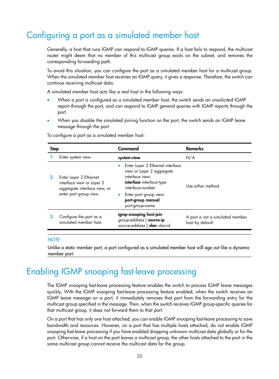 Configuring a port as a simulated member host, Enabling igmp snooping fast-leave processing | H3C Technologies H3C S12500 Series Switches User Manual | Page 38 / 468