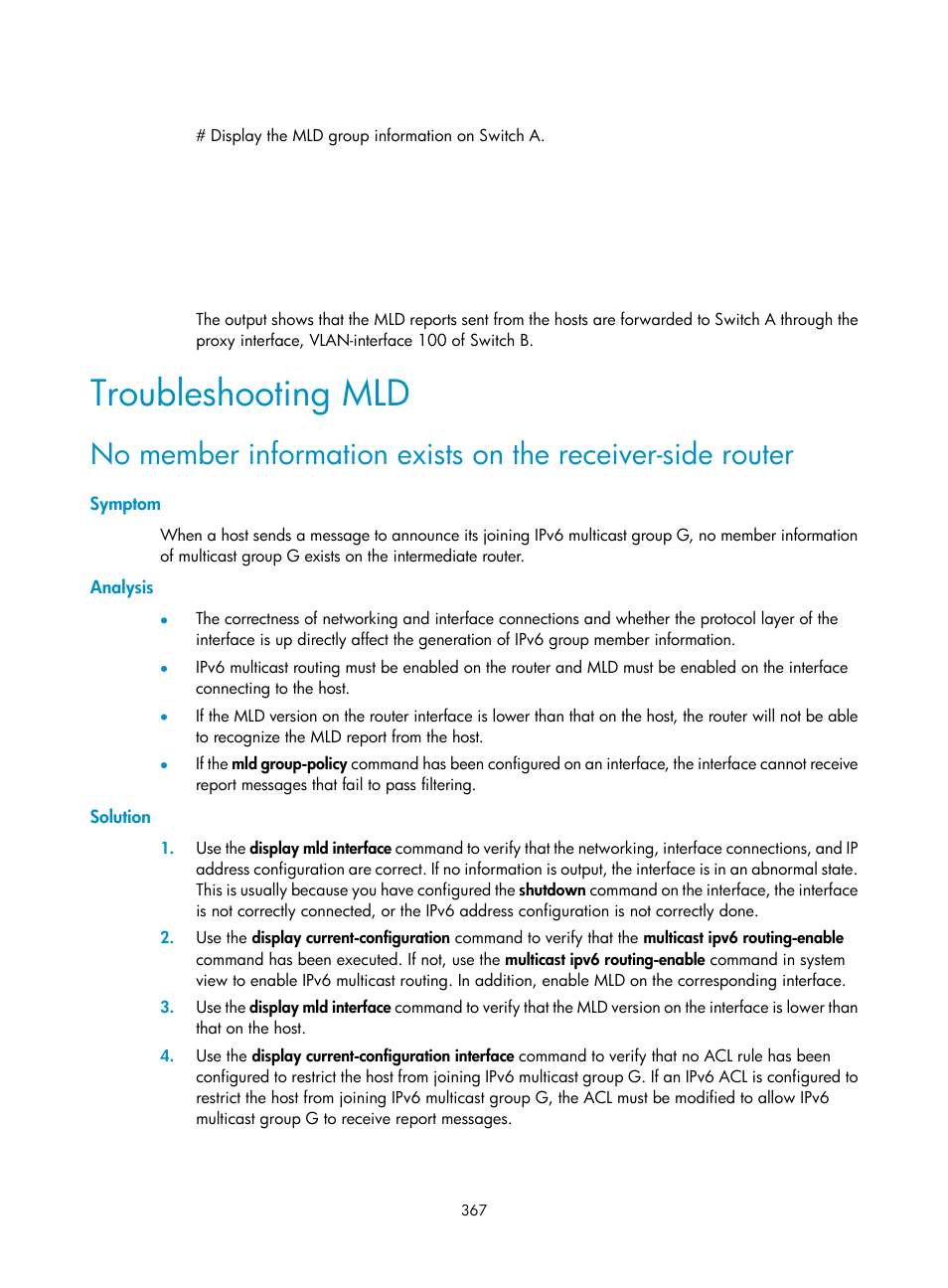 Troubleshooting mld, Symptom, Analysis | Solution | H3C Technologies H3C S12500 Series Switches User Manual | Page 383 / 468