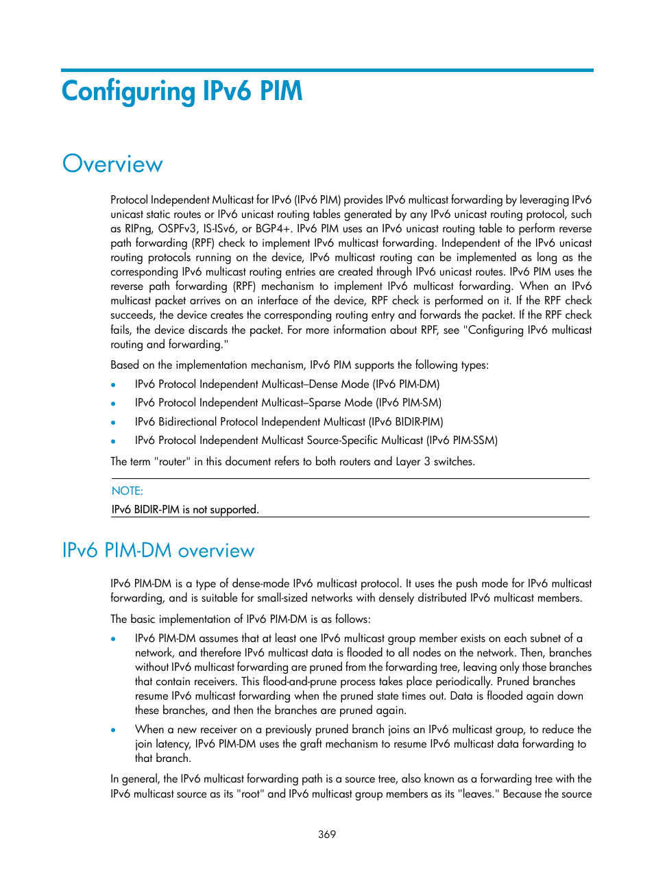 Configuring ipv6 pim, Overview, Ipv6 pim-dm overview | Pim hello messages, see "configuring ipv6 pim | H3C Technologies H3C S12500 Series Switches User Manual | Page 385 / 468