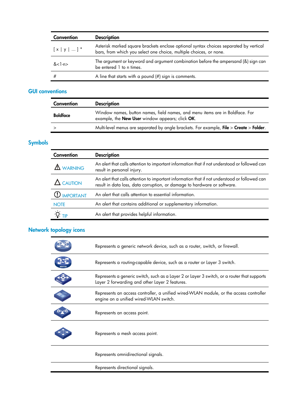 Gui conventions, Symbols, Network topology icons | H3C Technologies H3C S12500 Series Switches User Manual | Page 4 / 468