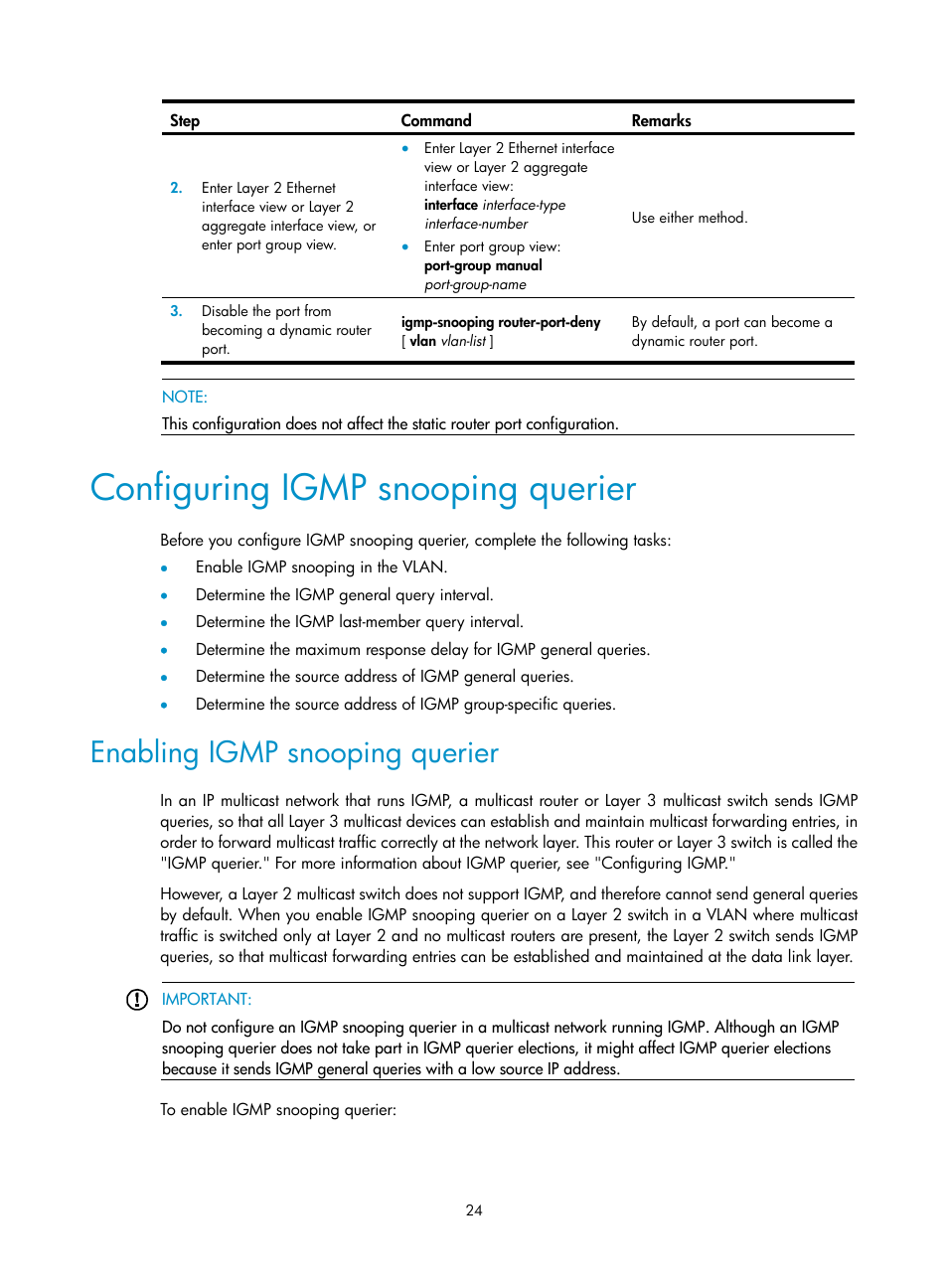 Configuring igmp snooping querier, Enabling igmp snooping querier | H3C Technologies H3C S12500 Series Switches User Manual | Page 40 / 468