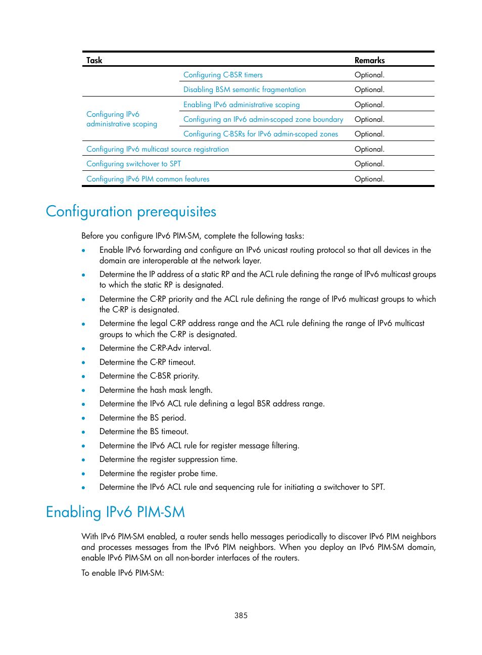 Configuration prerequisites, Enabling ipv6 pim-sm | H3C Technologies H3C S12500 Series Switches User Manual | Page 401 / 468