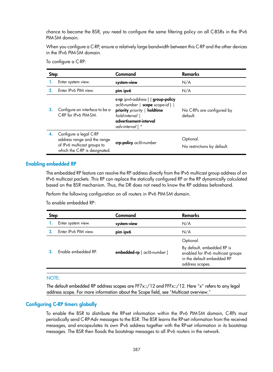 Enabling embedded rp, Configuring c-rp timers globally | H3C Technologies H3C S12500 Series Switches User Manual | Page 403 / 468