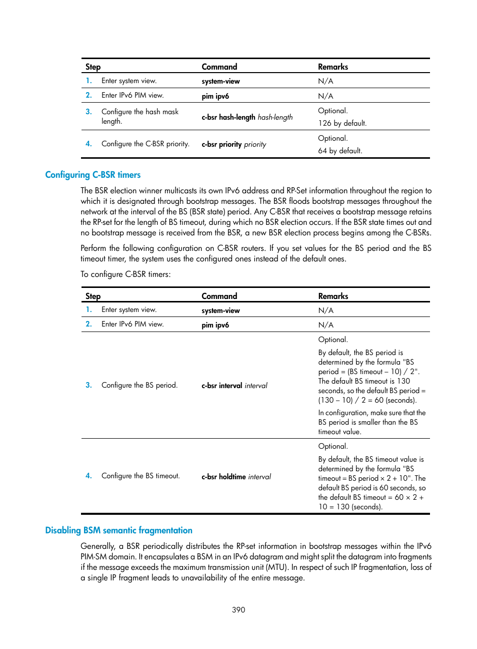 Configuring c-bsr timers, Disabling bsm semantic fragmentation | H3C Technologies H3C S12500 Series Switches User Manual | Page 406 / 468