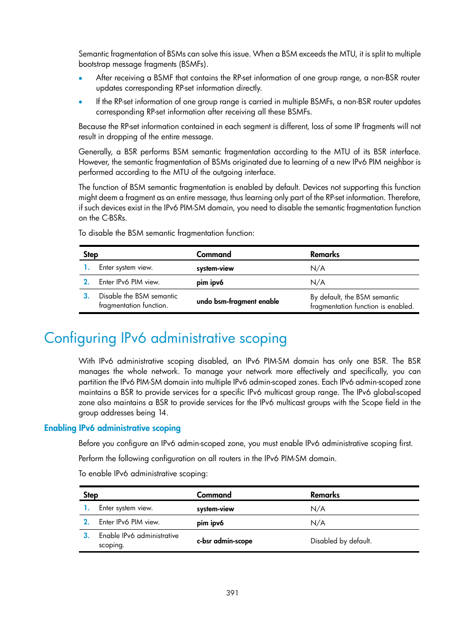 Configuring ipv6 administrative scoping, Enabling ipv6 administrative scoping | H3C Technologies H3C S12500 Series Switches User Manual | Page 407 / 468