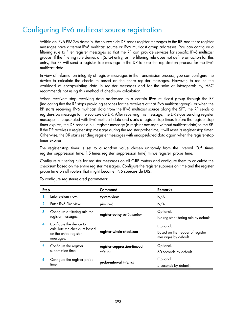 Configuring ipv6 multicast source registration | H3C Technologies H3C S12500 Series Switches User Manual | Page 409 / 468