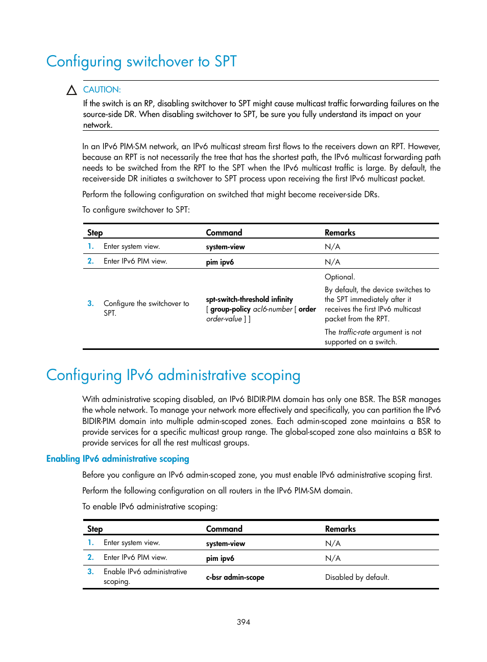 Configuring switchover to spt, Configuring ipv6 administrative scoping, Enabling ipv6 administrative scoping | H3C Technologies H3C S12500 Series Switches User Manual | Page 410 / 468