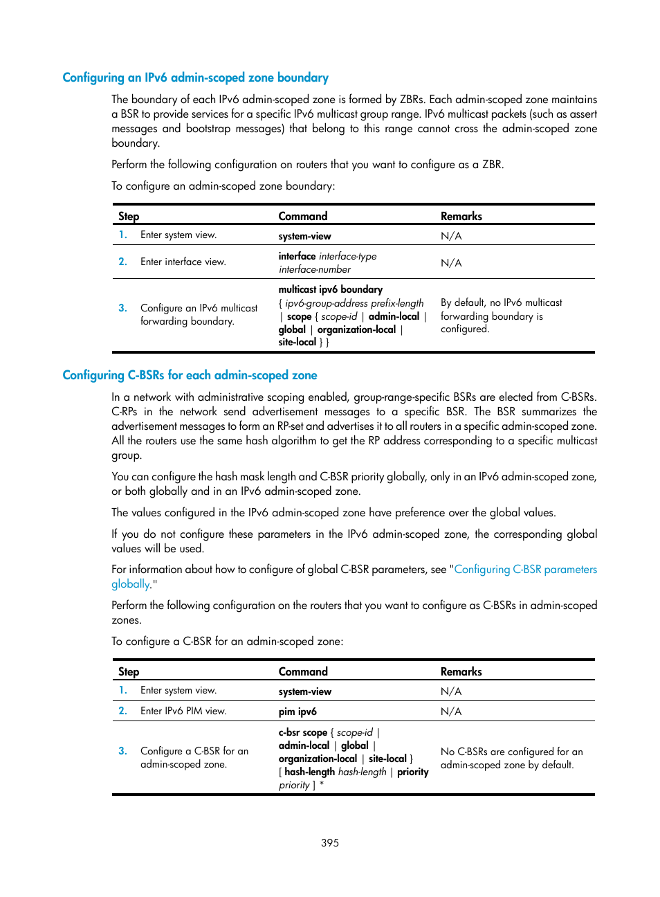 Configuring an ipv6 admin-scoped zone boundary, Configuring c-bsrs for each admin-scoped zone | H3C Technologies H3C S12500 Series Switches User Manual | Page 411 / 468