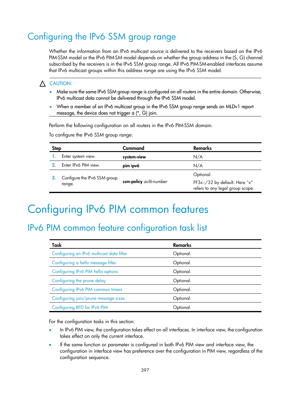 Configuring the ipv6 ssm group range, Configuring ipv6 pim common features, Ipv6 pim common feature configuration task list | H3C Technologies H3C S12500 Series Switches User Manual | Page 413 / 468