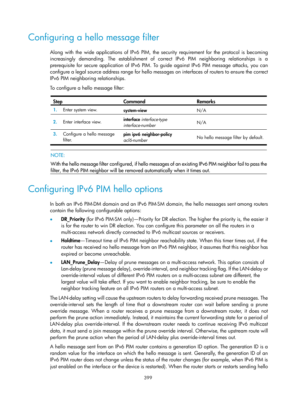 Configuring a hello message filter, Configuring ipv6 pim hello options | H3C Technologies H3C S12500 Series Switches User Manual | Page 415 / 468