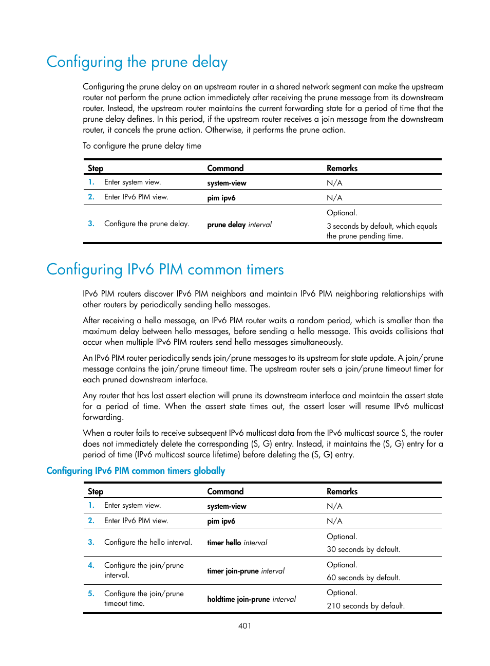 Configuring the prune delay, Configuring ipv6 pim common timers, Configuring ipv6 pim common timers globally | Configuring ipv6 pim, Common timers | H3C Technologies H3C S12500 Series Switches User Manual | Page 417 / 468