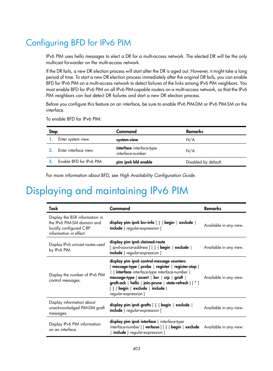 Configuring bfd for ipv6 pim, Displaying and maintaining ipv6 pim | H3C Technologies H3C S12500 Series Switches User Manual | Page 419 / 468