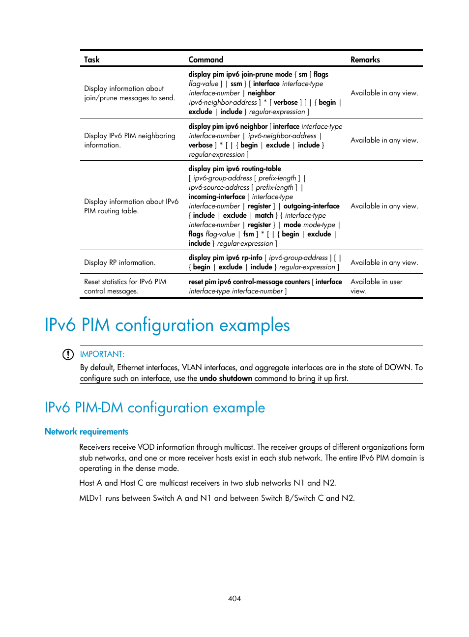 Ipv6 pim configuration examples, Ipv6 pim-dm configuration example, Network requirements | H3C Technologies H3C S12500 Series Switches User Manual | Page 420 / 468