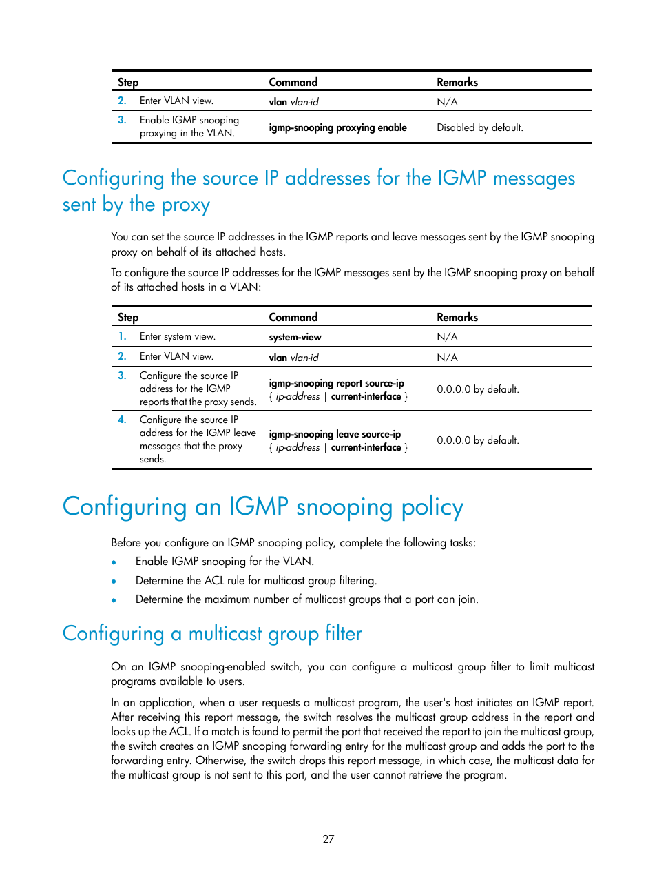 Configuring an igmp snooping policy, Configuring a multicast group filter | H3C Technologies H3C S12500 Series Switches User Manual | Page 43 / 468