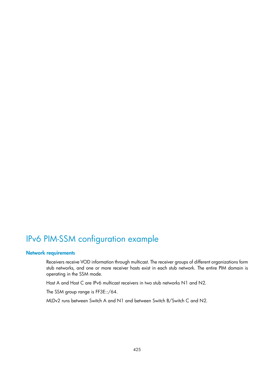 Ipv6 pim-ssm configuration example, Network requirements | H3C Technologies H3C S12500 Series Switches User Manual | Page 441 / 468