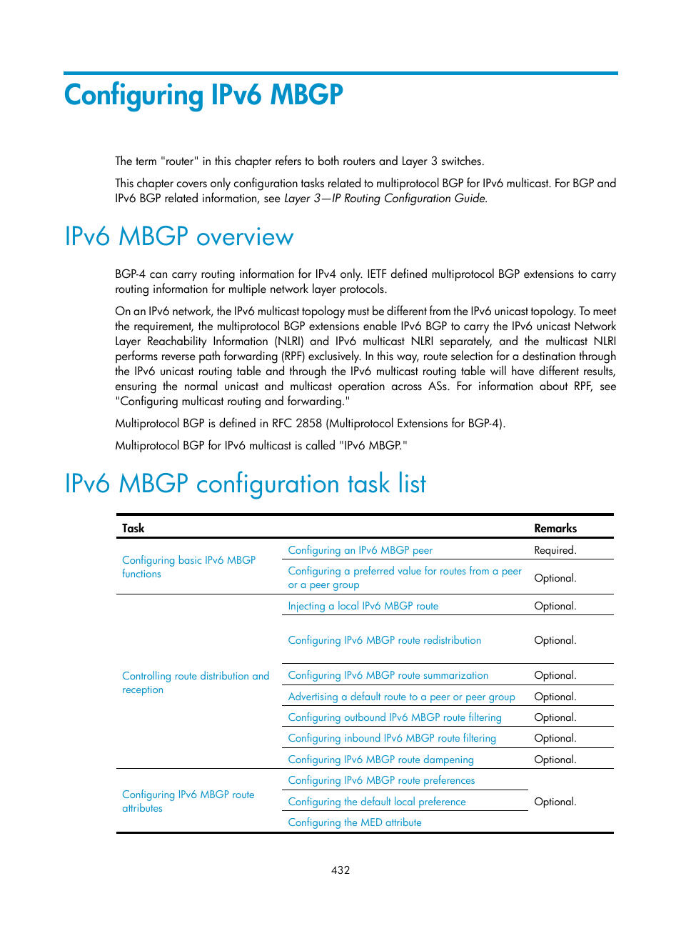 Configuring ipv6 mbgp, Ipv6 mbgp overview, Ipv6 mbgp configuration task list | H3C Technologies H3C S12500 Series Switches User Manual | Page 448 / 468